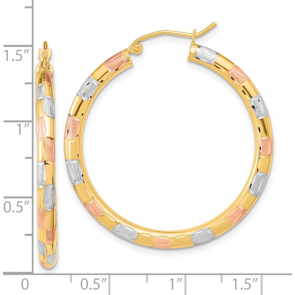 14K Yellow Gold Large Hoop Earrings with White & Rose Rhodium Diamond-Cut Finish by 0