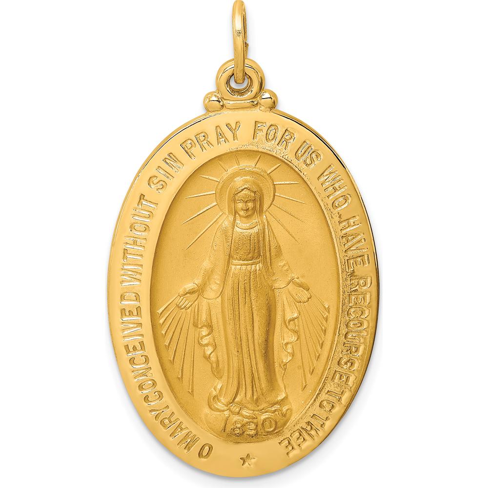 14K Yellow Gold Large Miraculous Medal Oval Pendant with Polished and Satin Finish by Oro Pregiato