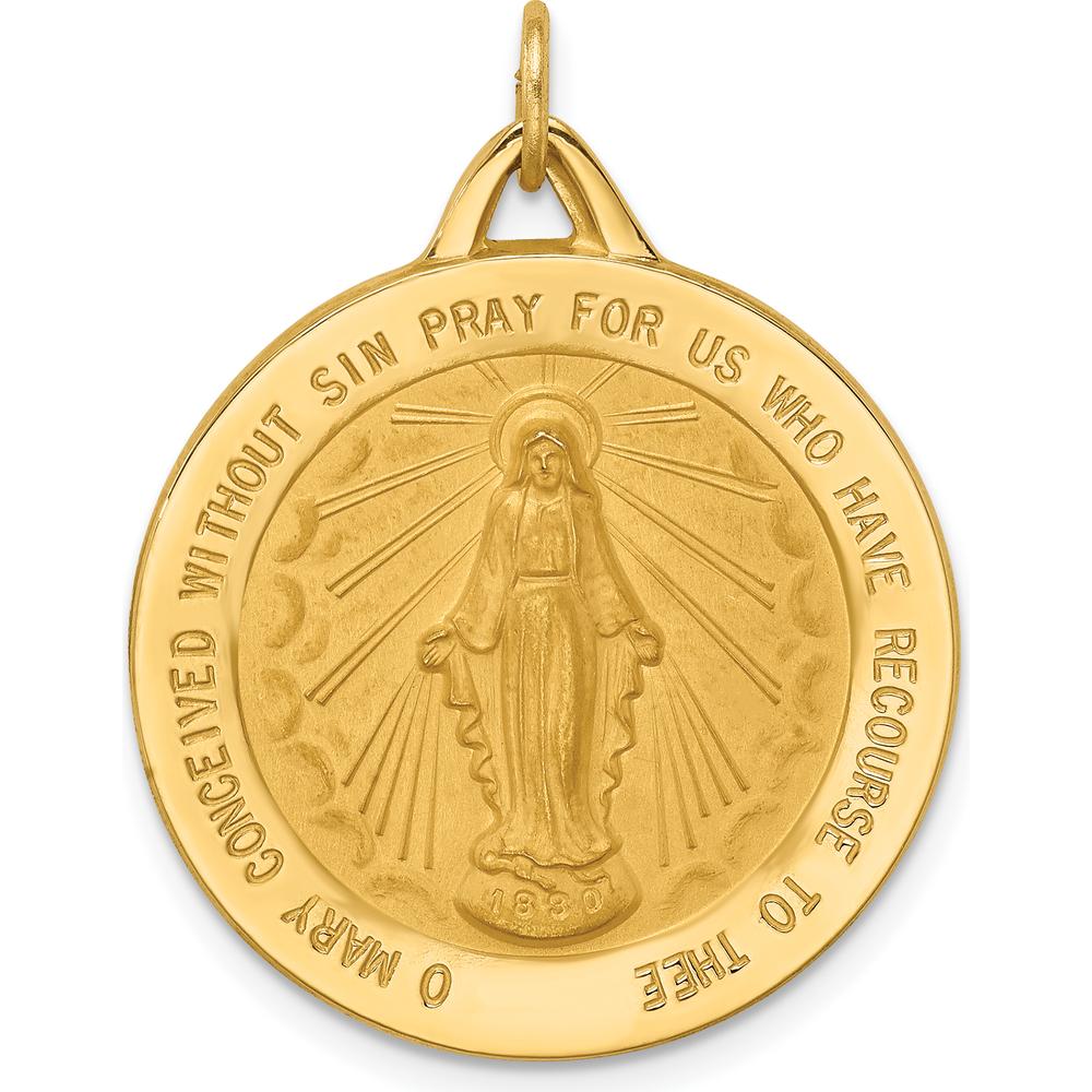 14K Yellow Gold Large Miraculous Medal Round Pendant - Polished and Satin Finish by Oro Pregiato