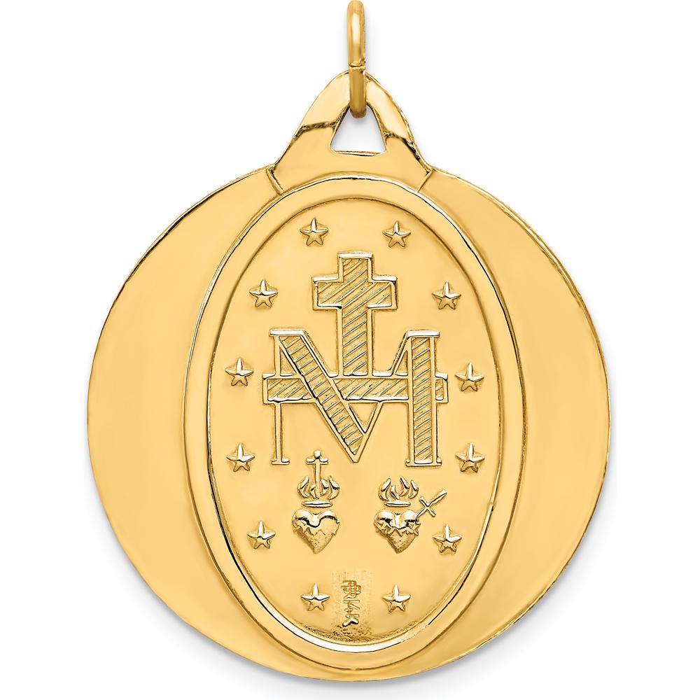 14K Yellow Gold Large Miraculous Medal Round Pendant - Polished and Satin Finish by Oro Pregiato