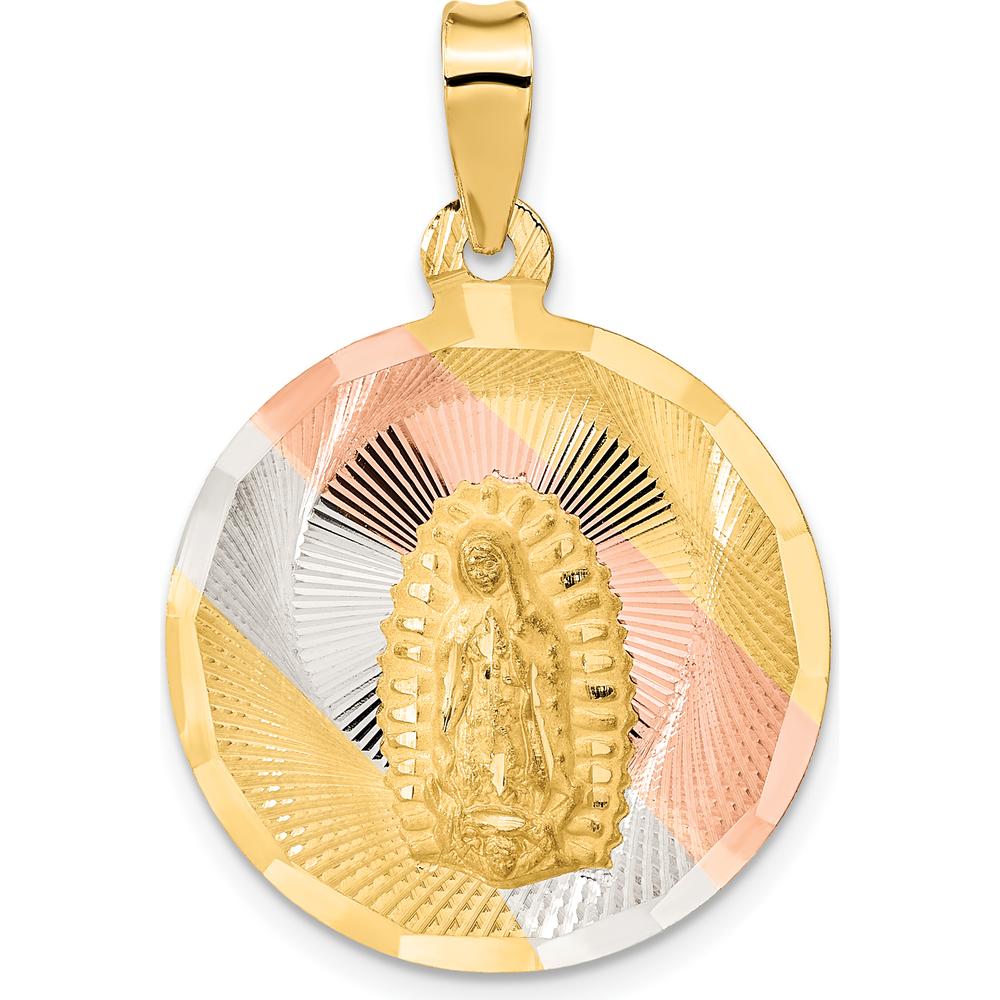 14K Yellow Gold Large Our Lady of Guadalupe Pendant with Rose and White Rhodium Accents - 34mm Length by Oro Pregiato