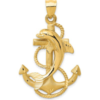 14K Yellow Gold Large Polished and Satin Dolphin on Anchor Pendant Charm by Oro Pregiato