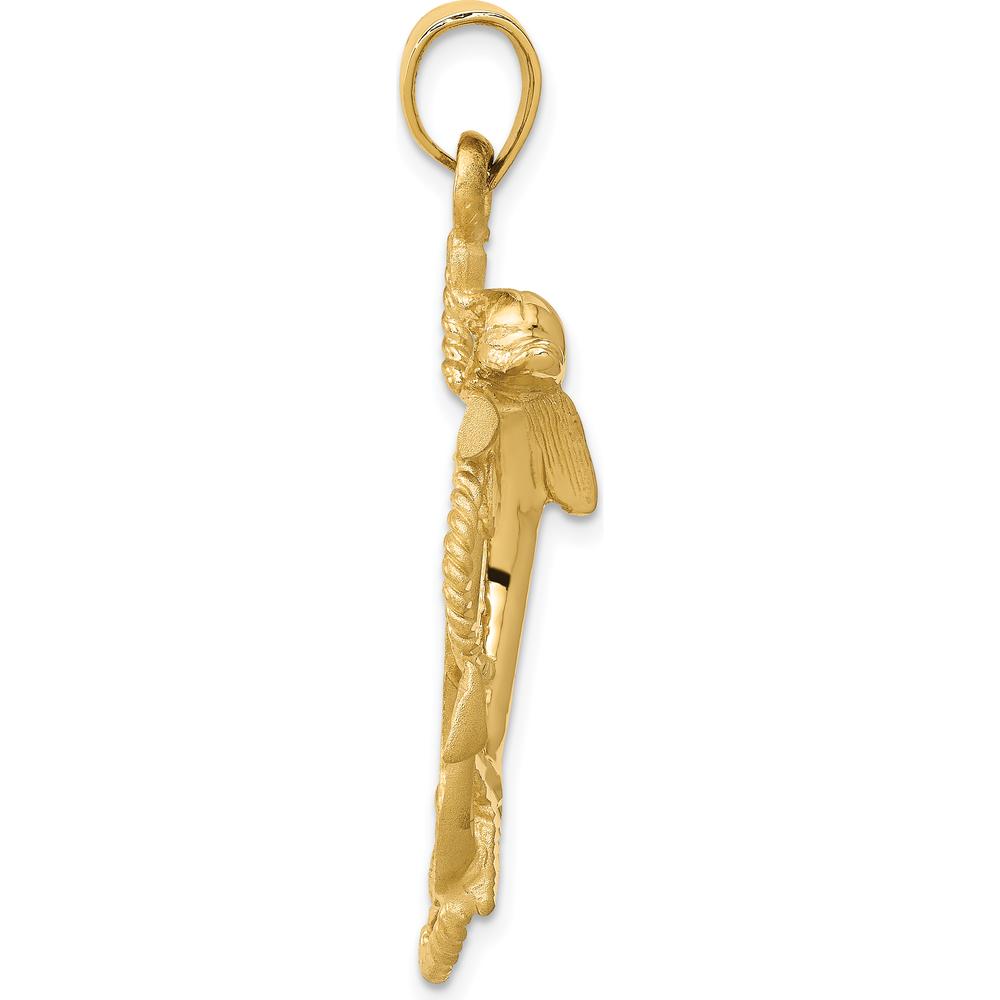 14K Yellow Gold Large Polished and Satin Dolphin on Anchor Pendant Charm by Oro Pregiato
