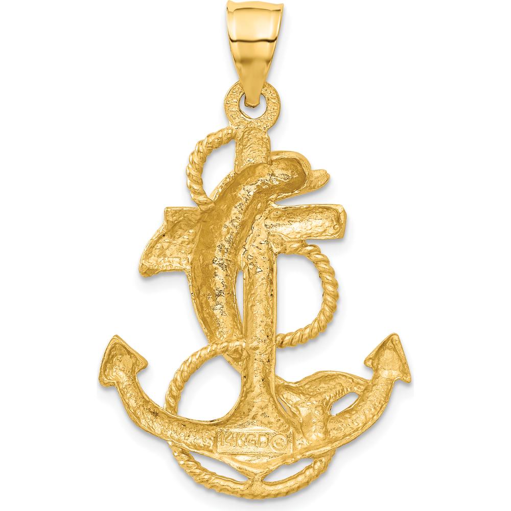 14K Yellow Gold Large Polished and Satin Dolphin on Anchor Pendant Charm by Oro Pregiato