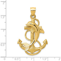 14K Yellow Gold Large Polished and Satin Dolphin on Anchor Pendant Charm by Oro Pregiato