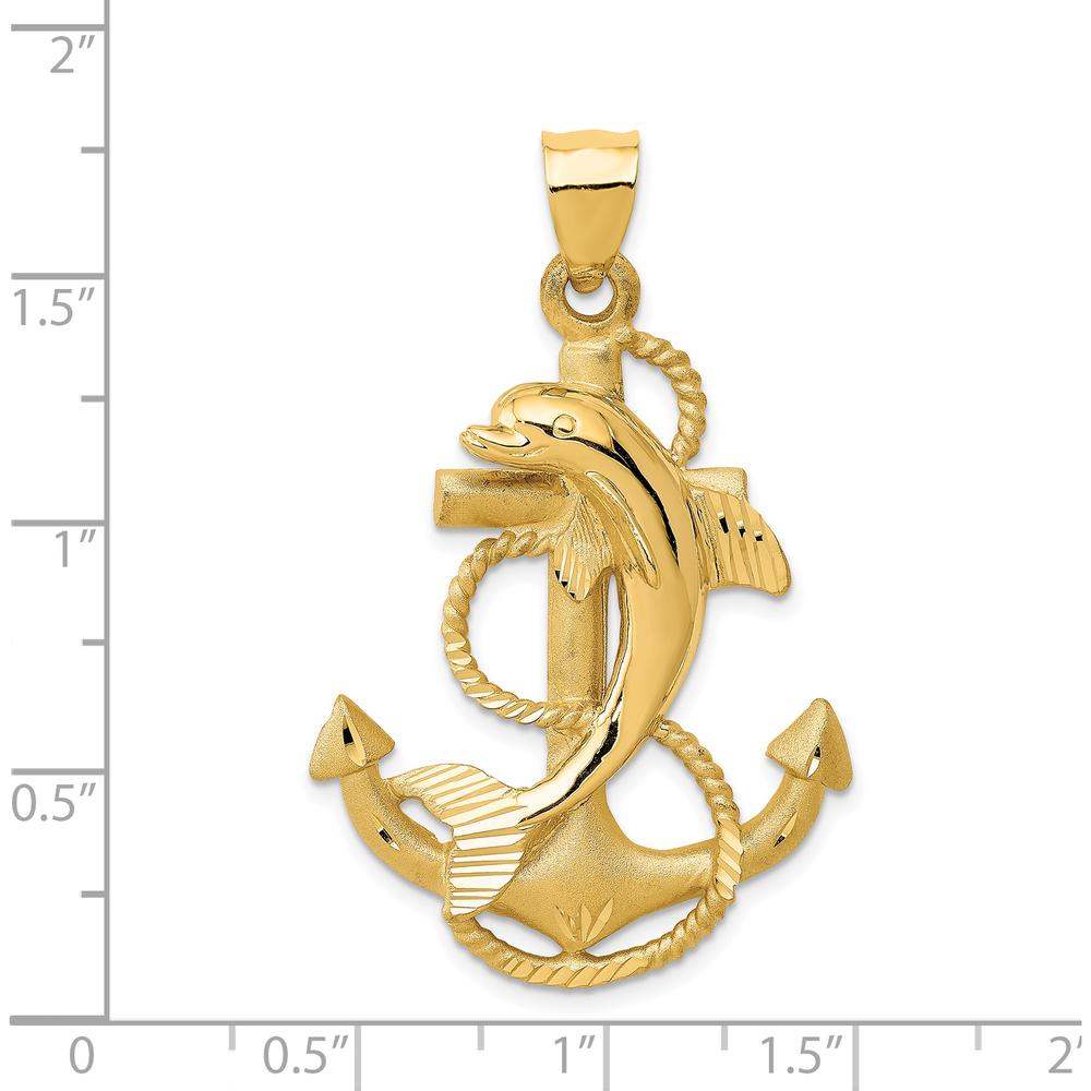 14K Yellow Gold Large Polished and Satin Dolphin on Anchor Pendant Charm by Oro Pregiato