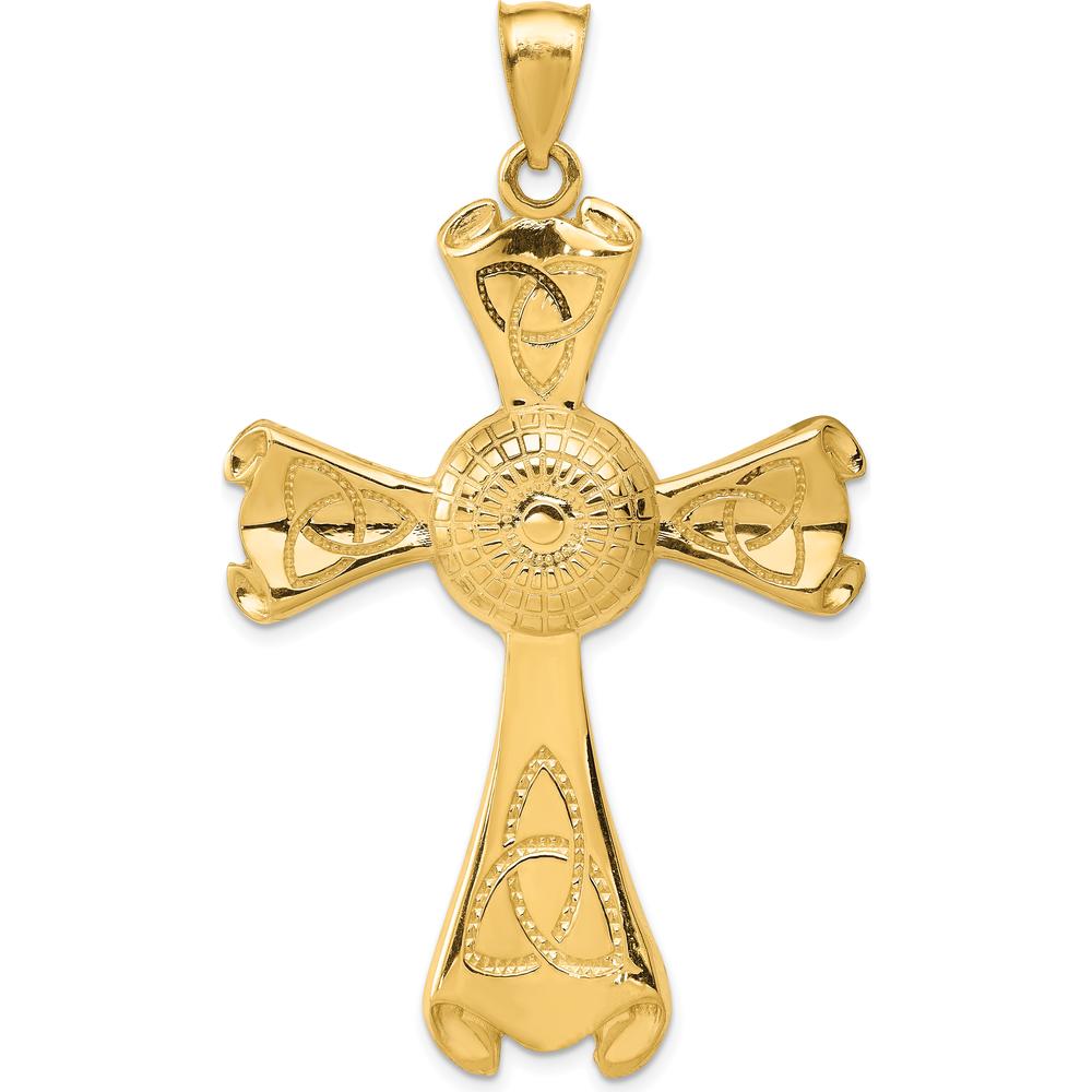 14K Yellow Gold Large Polished Celtic Cross Pendant with Textured Celtic Knot Design - 65mm Length by Oro Pregiato
