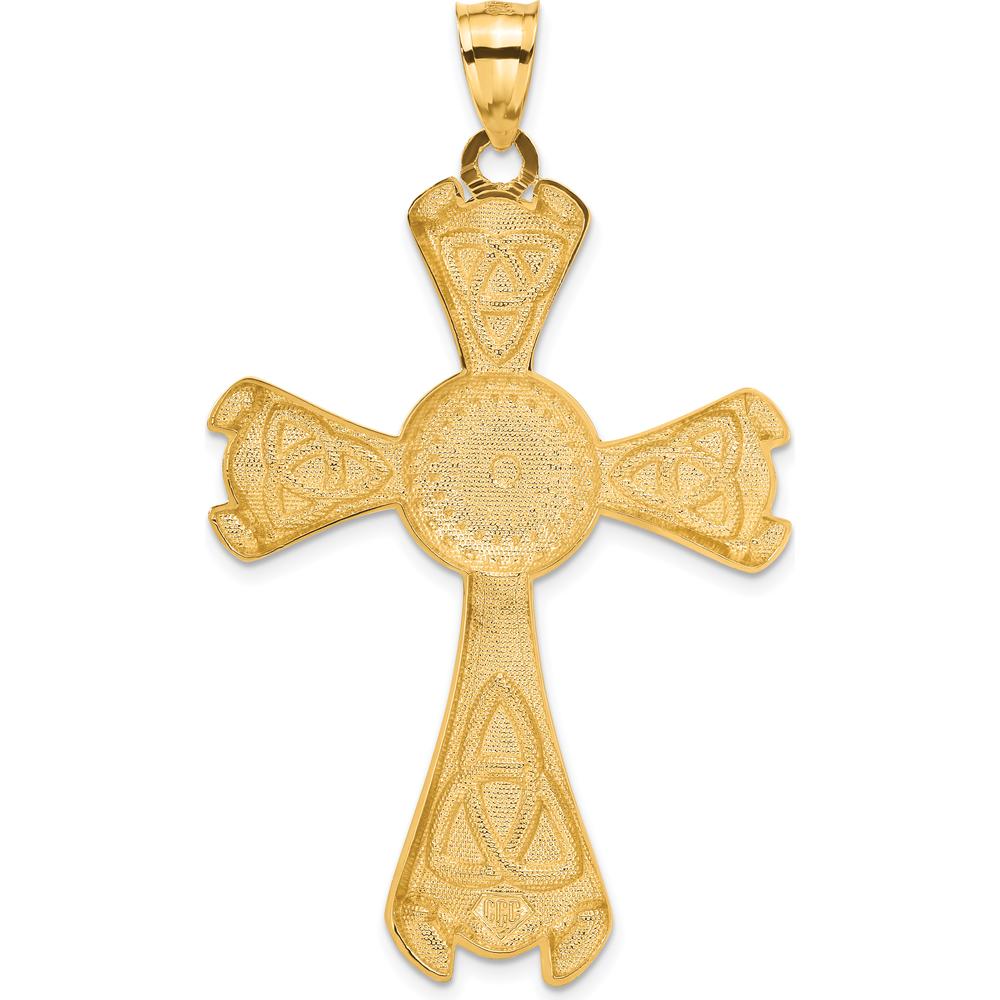 14K Yellow Gold Large Polished Celtic Cross Pendant with Textured Celtic Knot Design - 65mm Length by Oro Pregiato