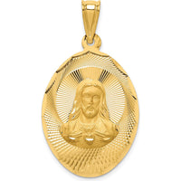 14K Yellow Gold Large Sagrado Corazon de Jesus Oval Pendant with Diamond-Cut Detailing by Oro Pregiato