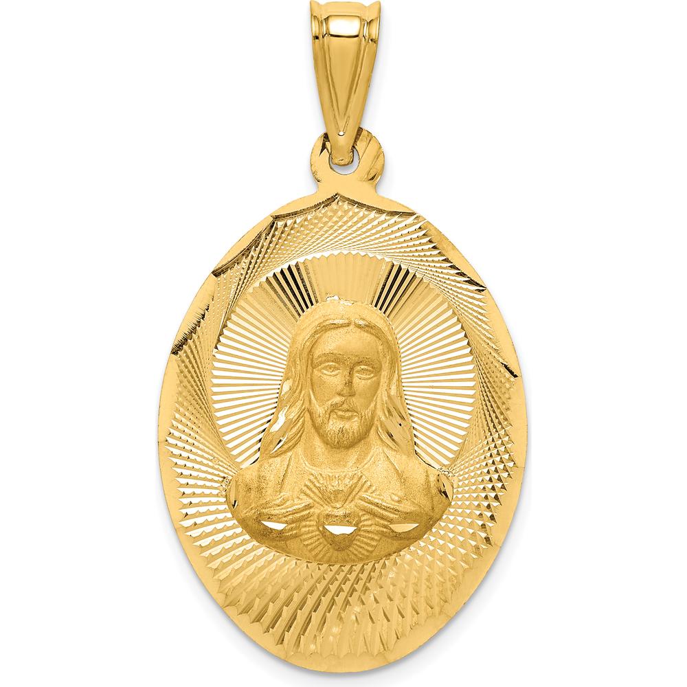 14K Yellow Gold Large Sagrado Corazon de Jesus Oval Pendant with Diamond-Cut Detailing by Oro Pregiato