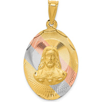 14K Yellow Gold Large Sagrado Corazon de Jesus Pendant with Rose and White Rhodium Diamond-Cut Detailing by Oro Pregiato