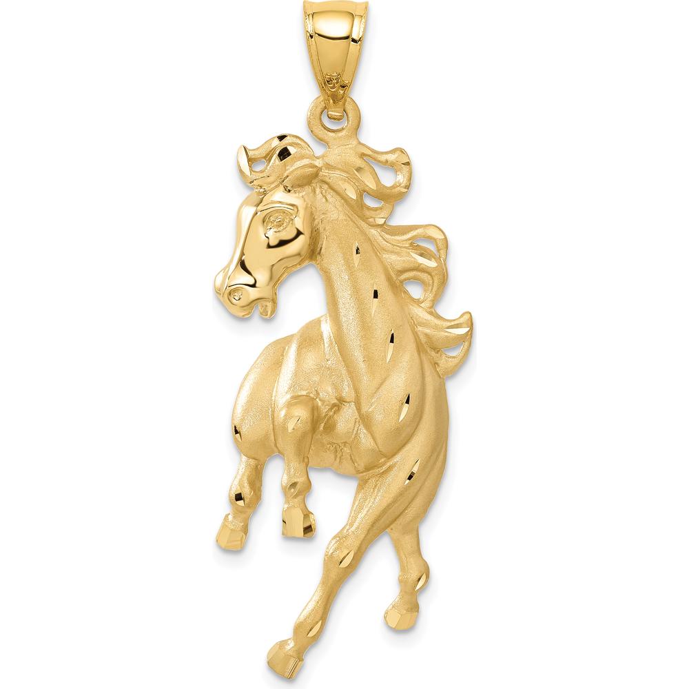 14K Yellow Gold Large Satin Diamond-Cut Horse Pendant - 49.5mm Length by Oro Pregiato