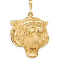 14K Yellow Gold Large Satin Diamond-Cut Tiger Head Pendant - 45mm Total Length by Oro Pregiato