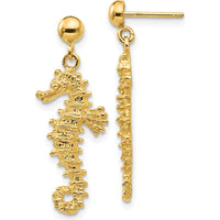 14K Yellow Gold Large Seahorse Dangle Post Earrings - Nature-Inspired Design by 0