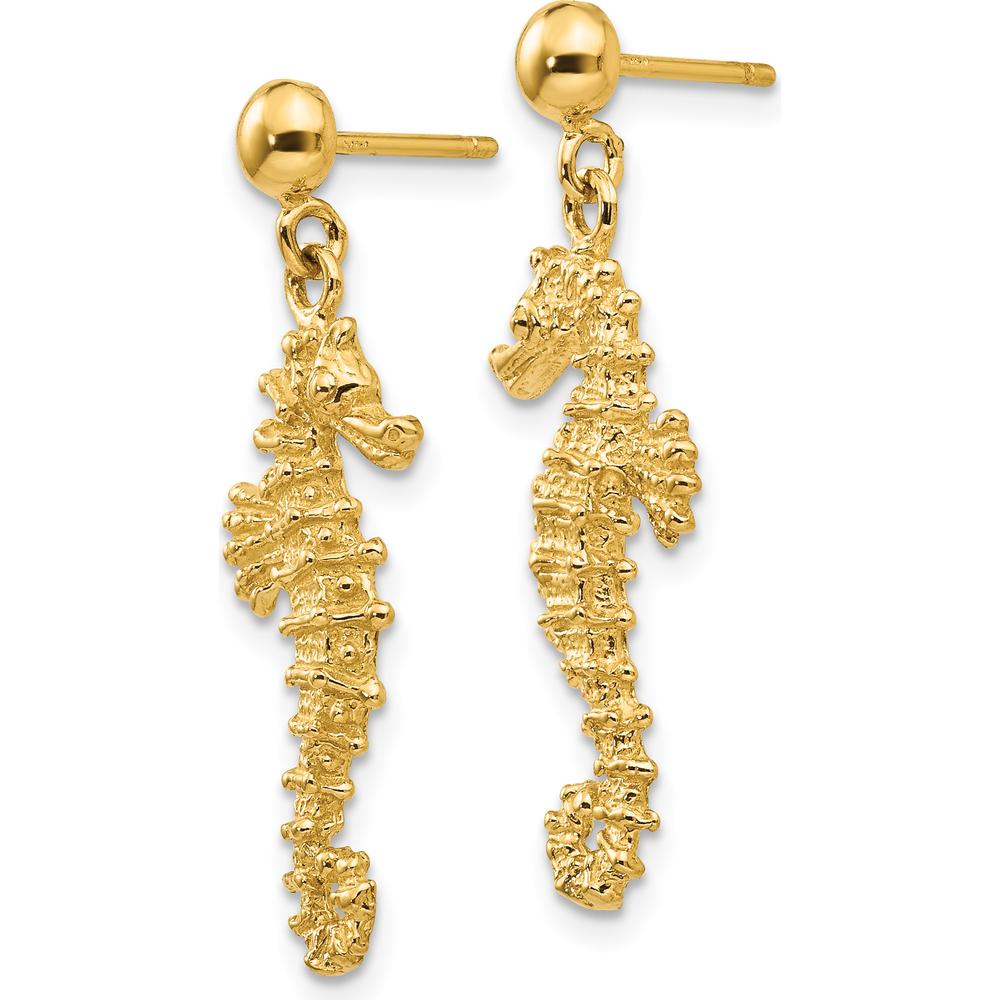 14K Yellow Gold Large Seahorse Dangle Post Earrings - Nature-Inspired Design by 0