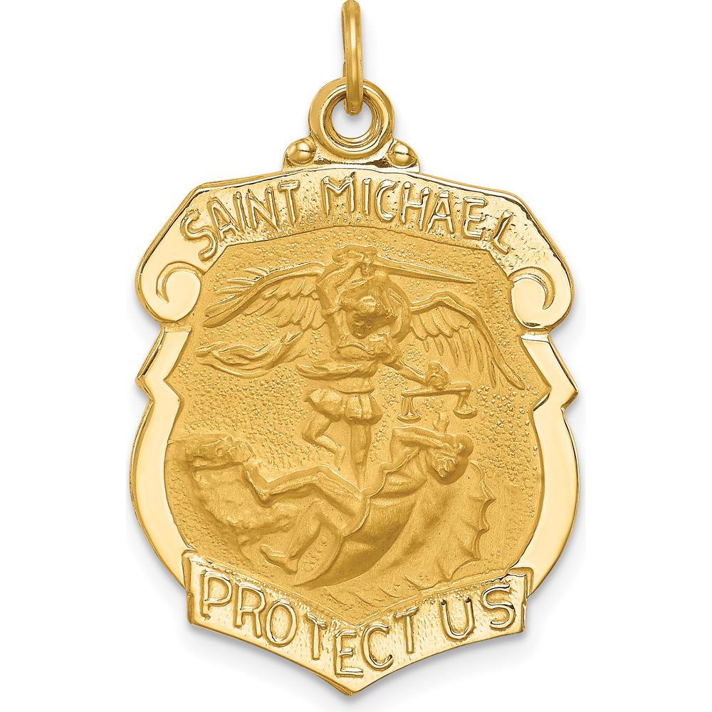 14K Yellow Gold Large St. Michael Medal Badge Pendant with Polished and Satin Finish - 29mm Length by Oro Pregiato