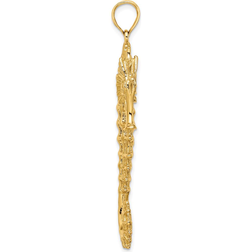 14K Yellow Gold Large Textured 3D Seahorse Pendant - 54mm Length by Oro Pregiato