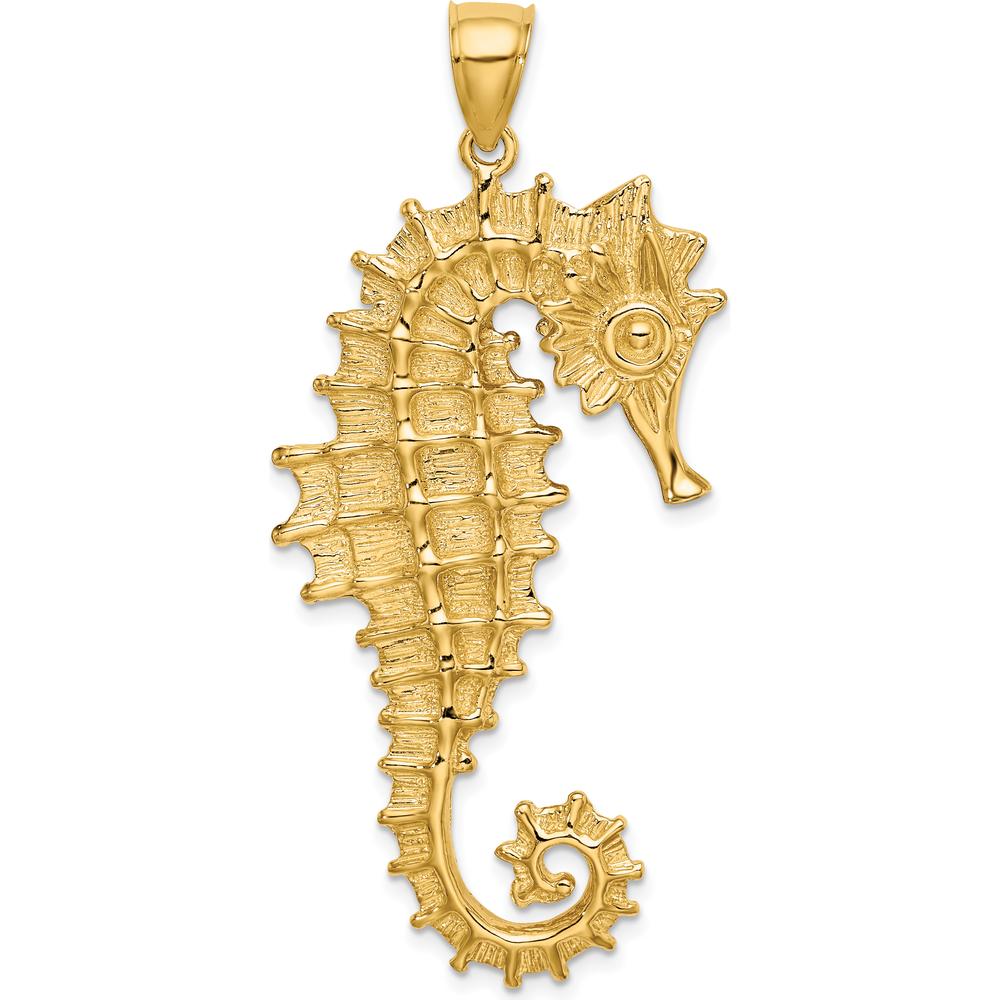 14K Yellow Gold Large Textured 3D Seahorse Pendant - 54mm Length by Oro Pregiato