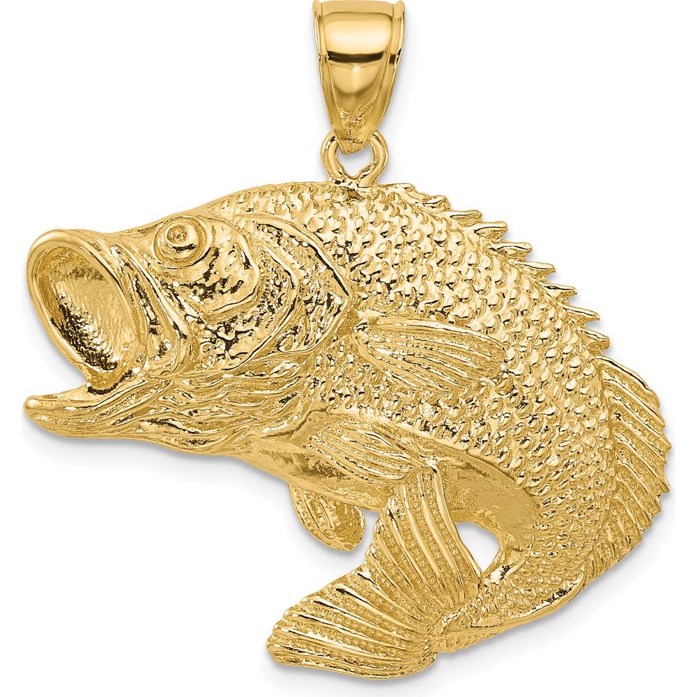 14K Yellow Gold Large Textured Bass Fish Pendant Charm by Oro Pregiato