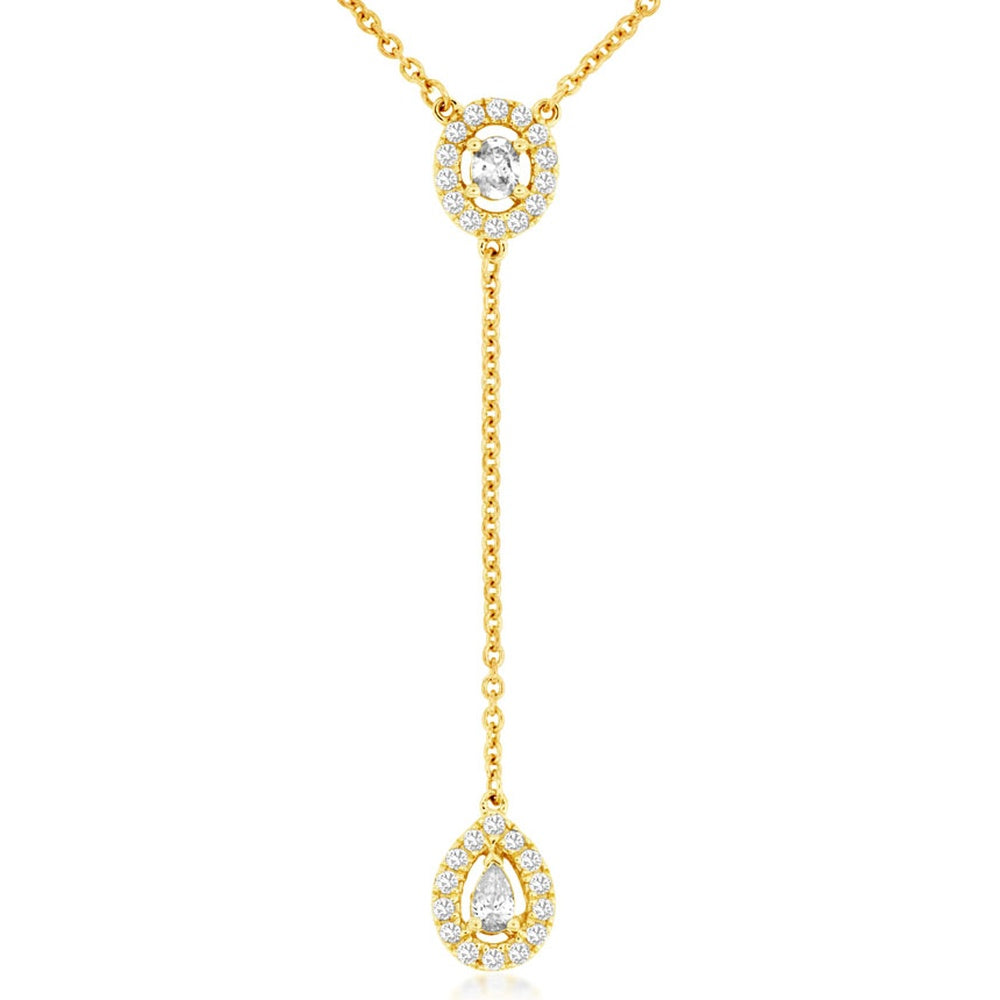 14K Yellow Gold Lariat Drop Necklace with Oval and Pear Cut Diamonds in Halo Settings - 0.36 Carat Total Diamond Weight - Royal Jewelry
