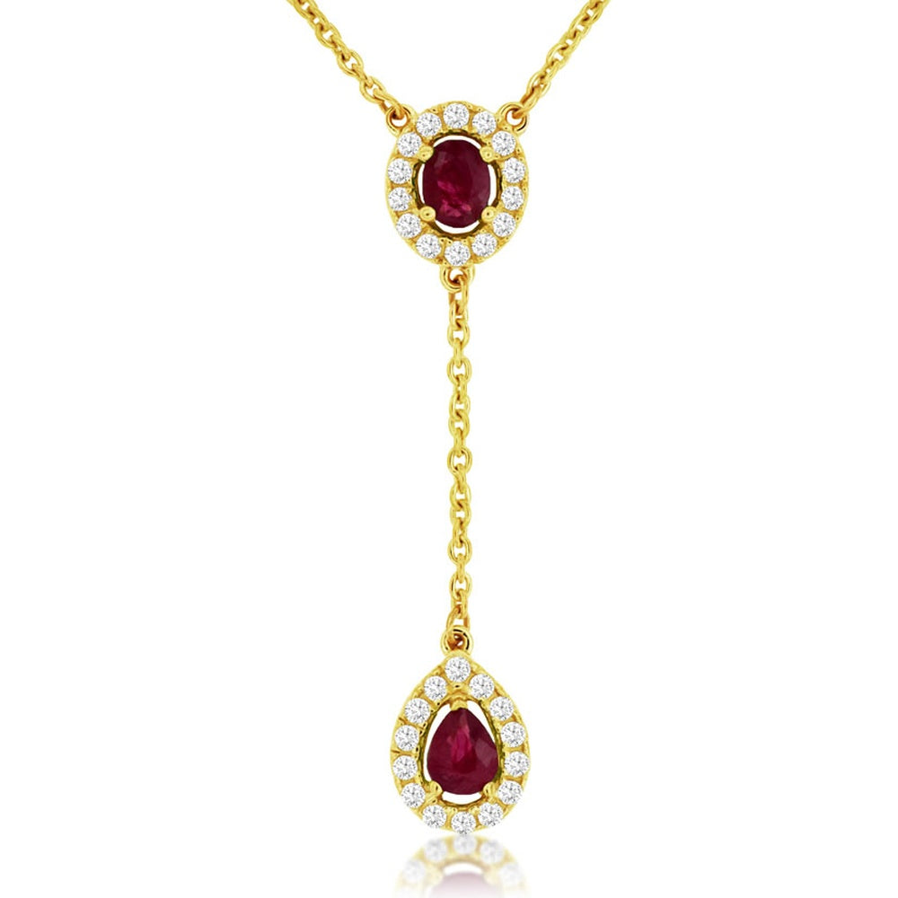 14K Yellow Gold Lariat Drop Necklace with Oval and Pear Shaped Ruby Gemstones and Diamond Halos - 0.35 Carat Total Ruby Weight and 0.18 Carat Total Diamond Weight - Royal Jewelry