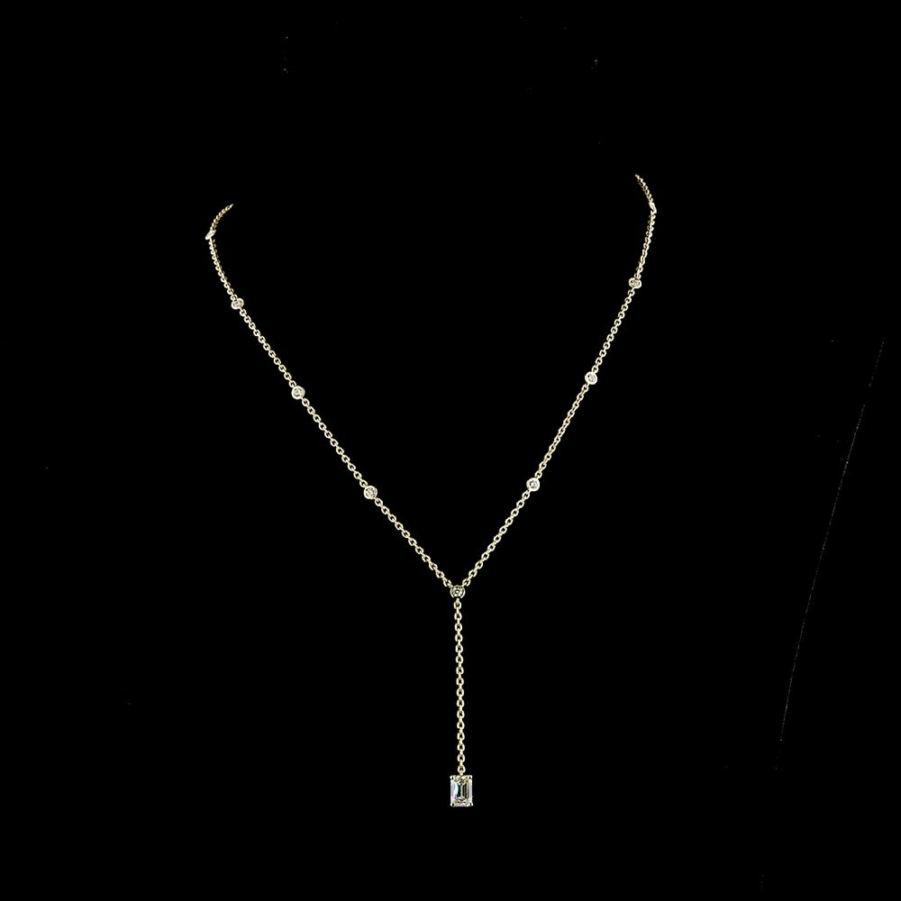 14K Yellow Gold Lariat Necklace with 1.01 Carat Emerald Cut Lab Diamond and 0.41 Carat Round Diamond Accents - GIA Certified - Covaloro Fine Jewelry