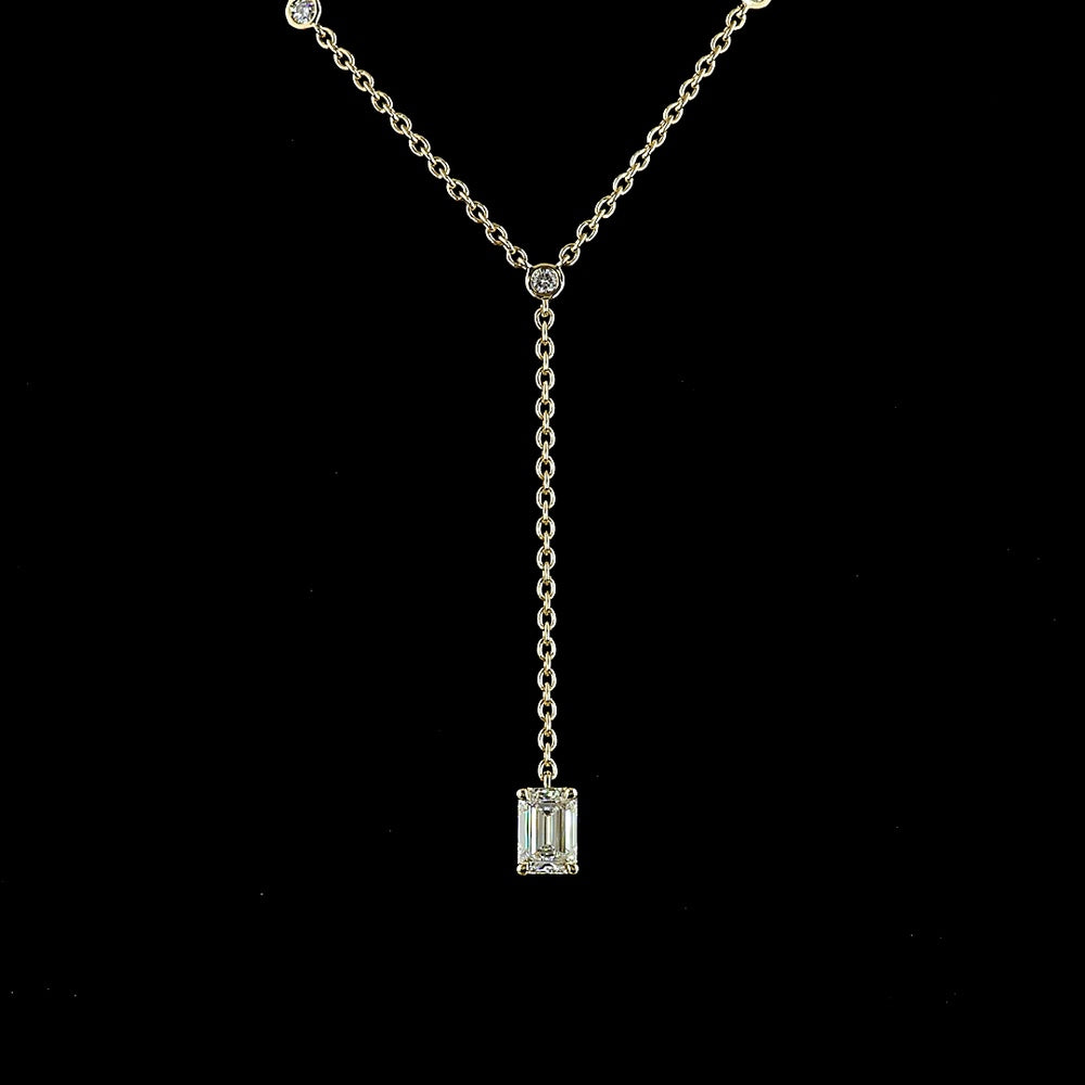 14K Yellow Gold Lariat Necklace with 1.01 Carat Emerald Cut Lab Diamond and 0.41 Carat Round Diamond Accents - GIA Certified - Covaloro Fine Jewelry