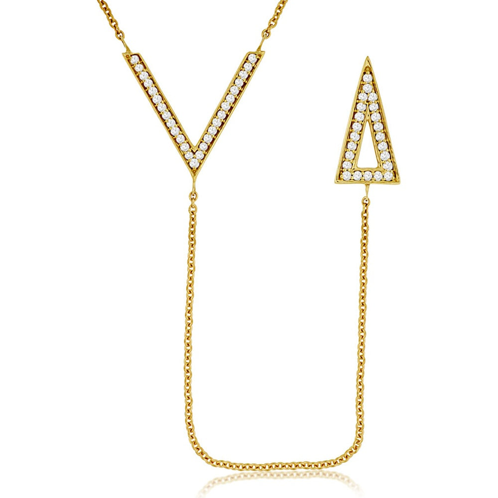 14K Yellow Gold Lariat Necklace with Pave-Set Round Diamond Chevron and A Initial Drop - 0.23 Carat Total Diamond Weight - Royal Jewelry