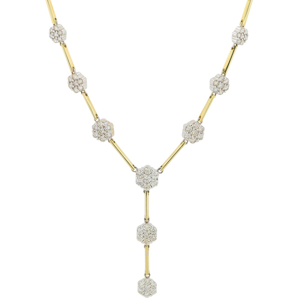 14K Yellow Gold Lariat Necklace with Prong-Set Round Diamond Clusters - 3.00 Carat Total Diamond Weight