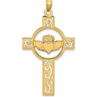 14K Yellow Gold Laser-Cut Claddagh Cross Pendant with Symbolic Design by Oro Pregiato
