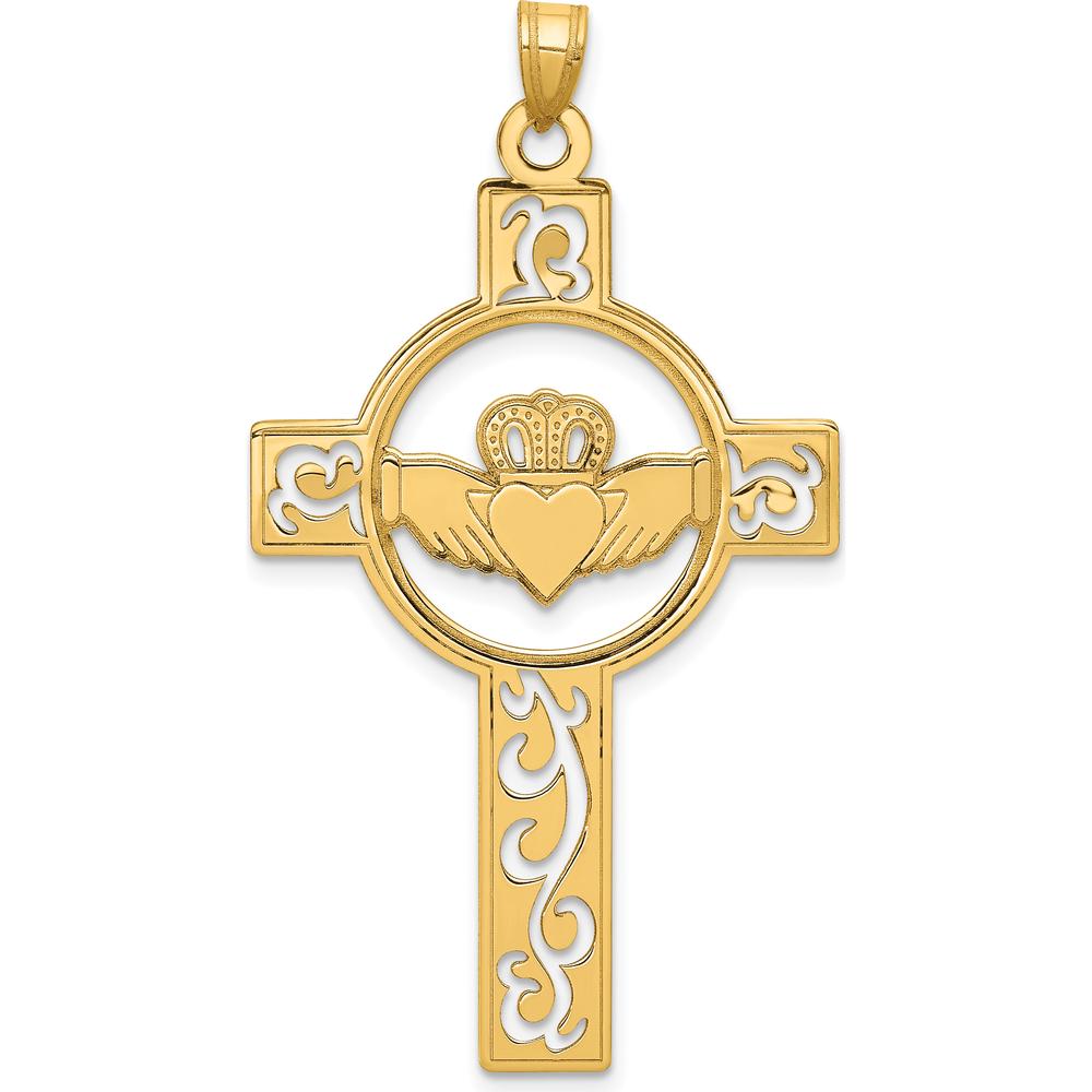 14K Yellow Gold Laser-Cut Claddagh Cross Pendant with Symbolic Design by Oro Pregiato