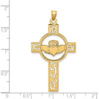 14K Yellow Gold Laser-Cut Claddagh Cross Pendant with Symbolic Design by Oro Pregiato