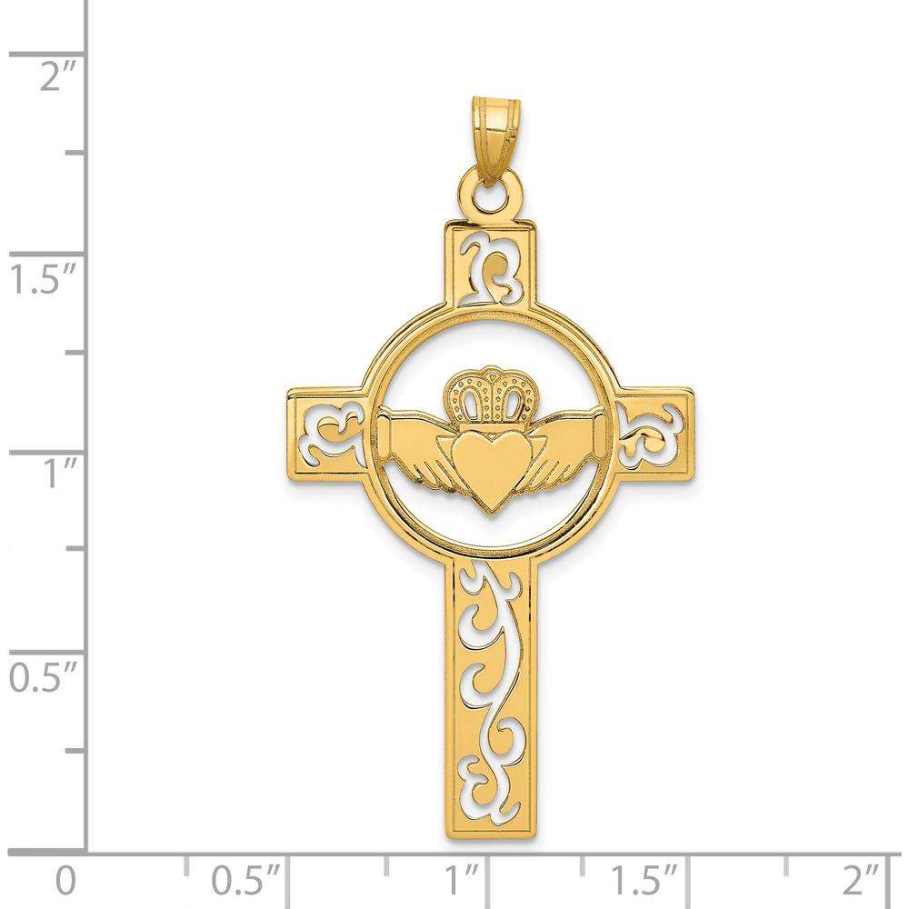 14K Yellow Gold Laser-Cut Claddagh Cross Pendant with Symbolic Design by Oro Pregiato