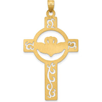 14K Yellow Gold Laser-Cut Claddagh Cross Pendant with Symbolic Design by Oro Pregiato