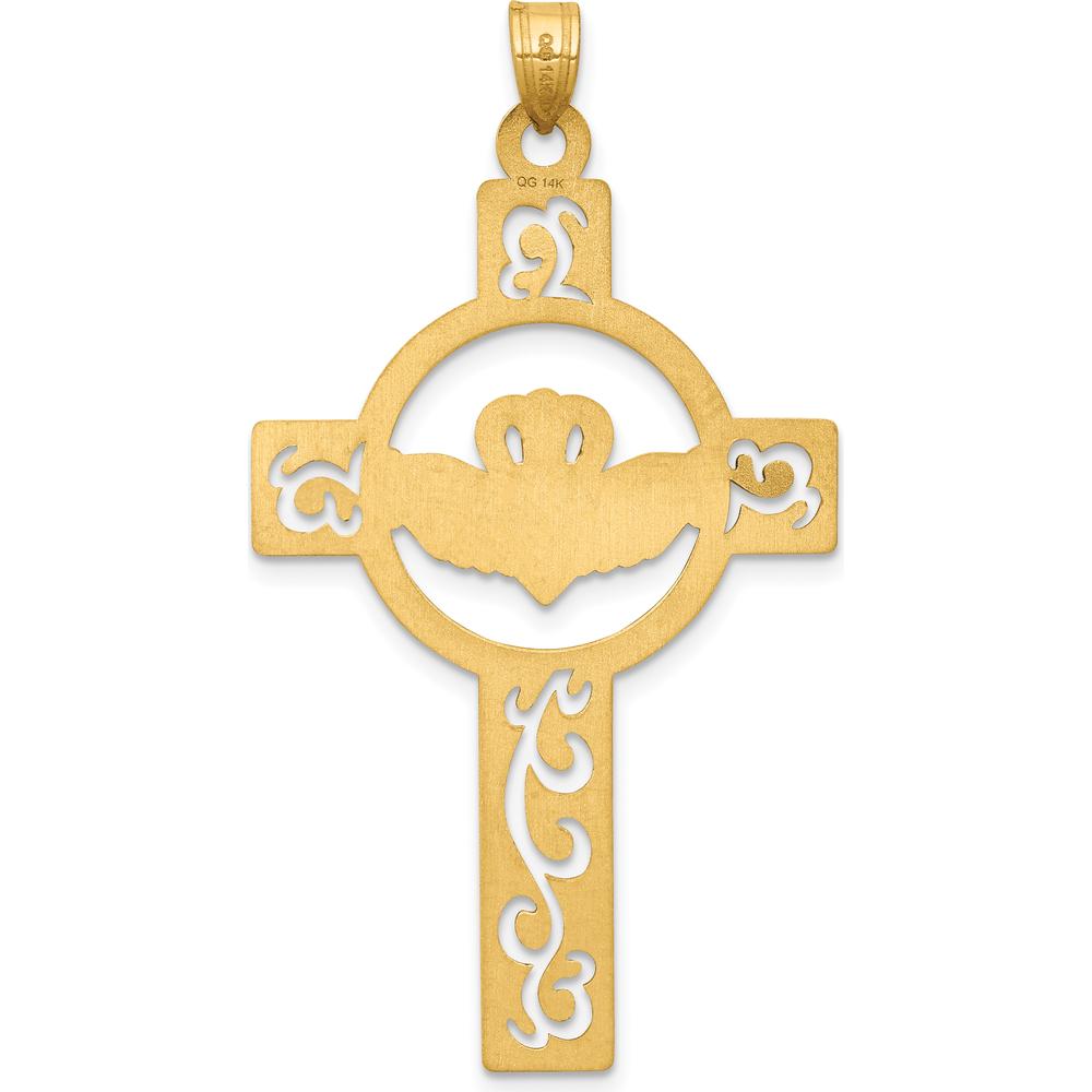 14K Yellow Gold Laser-Cut Claddagh Cross Pendant with Symbolic Design by Oro Pregiato