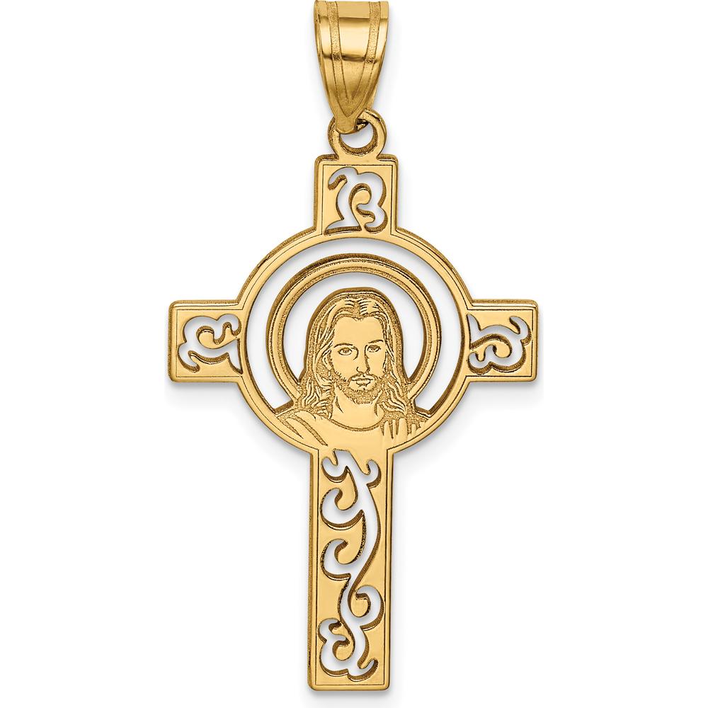 14K Yellow Gold Laser Cut Jesus Face Cross Pendant - Spiritual Charm by Oro Pregiato