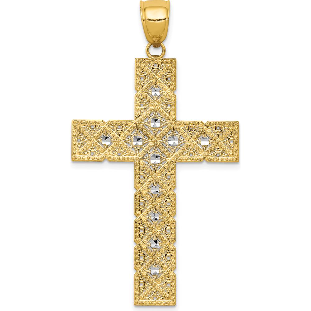 14K Yellow Gold Latin Cross Pendant with Rhodium Accents - 50mm Length by Oro Pregiato
