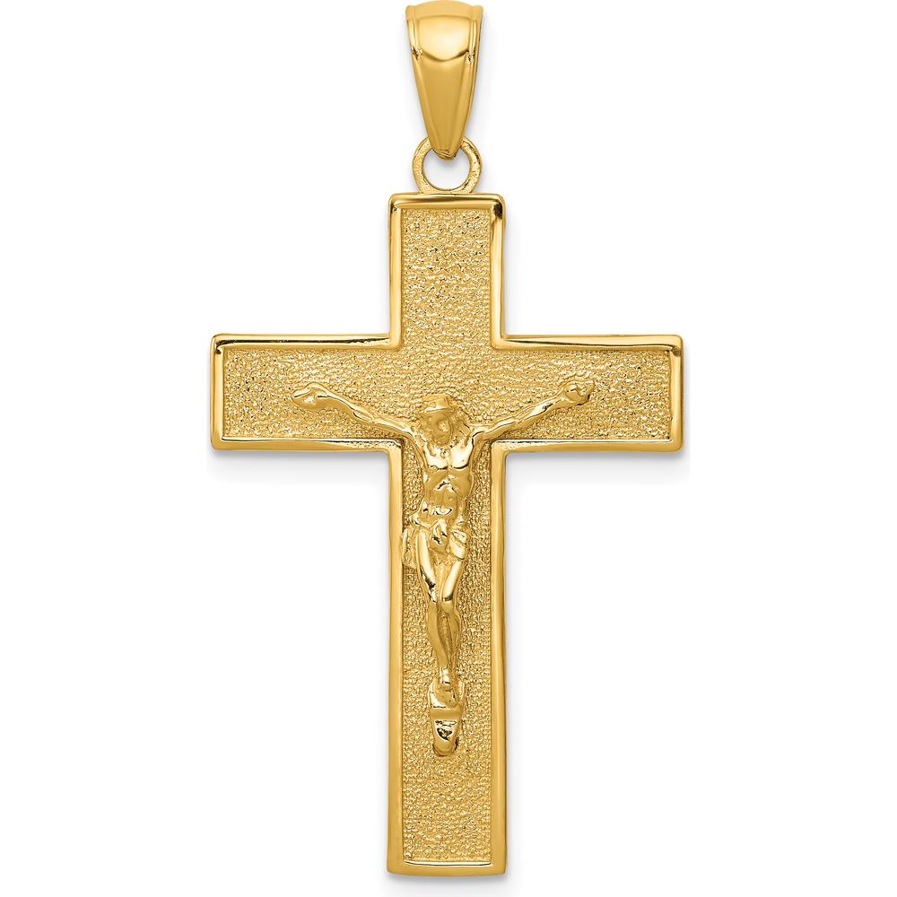 14K Yellow Gold Latin Crucifix Pendant - Polished Textured Gold Cross by Oro Pregiato