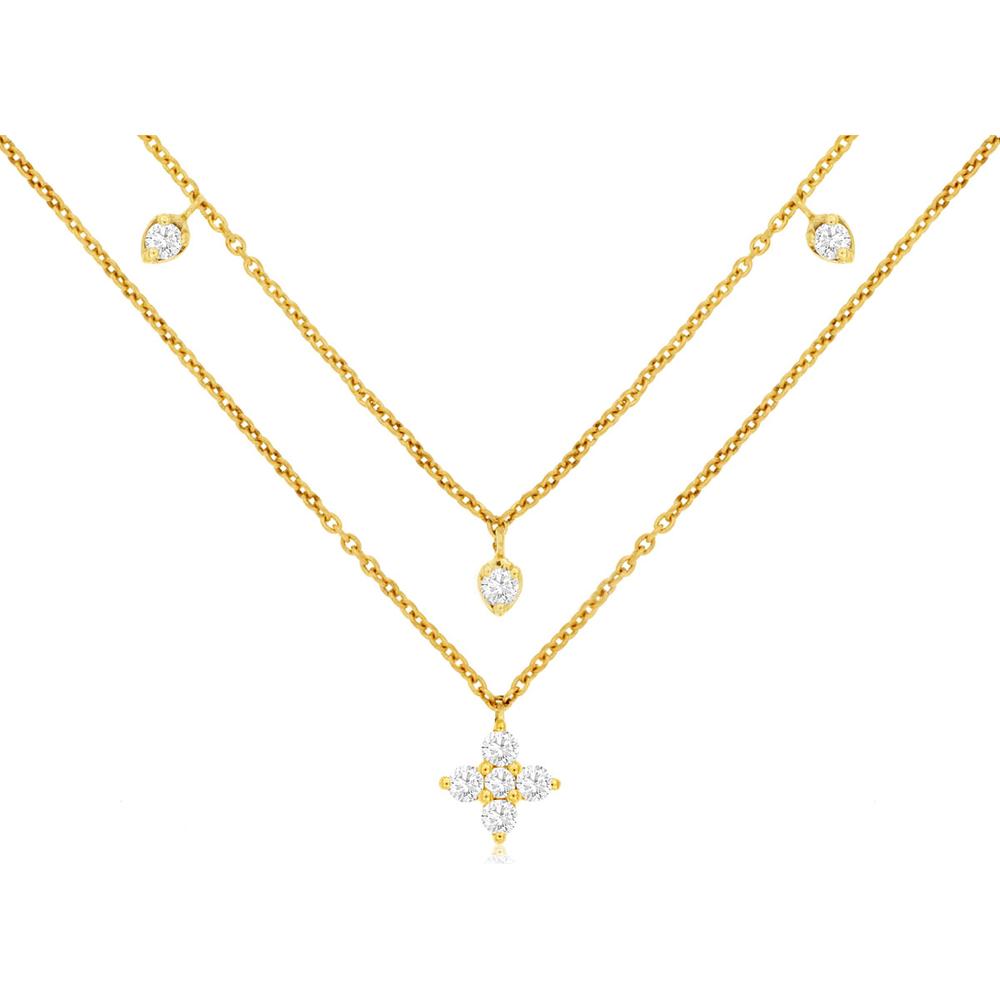 14K Yellow Gold Layered Station and Floral Pendant Necklace with Round Diamonds - 0.36 Carat Total Diamond Weight - Royal Jewelry
