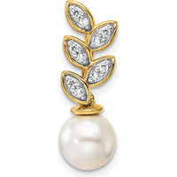 14K Yellow Gold Leaf Design Pendant with Round Diamonds and Freshwater Cultured Pearl - 1/15 Carat Total Diamond Weight by Monteluci Fine Jewelry