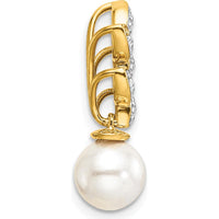 14K Yellow Gold Leaf Design Pendant with Round Diamonds and Freshwater Cultured Pearl - 1/15 Carat Total Diamond Weight by Monteluci Fine Jewelry