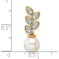 14K Yellow Gold Leaf Design Pendant with Round Diamonds and Freshwater Cultured Pearl - 1/15 Carat Total Diamond Weight by Monteluci Fine Jewelry