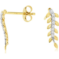 14K Yellow Gold Leaf-Inspired Stud Earrings with Round Diamonds - 0.10 Carat Total Diamond Weight - Royal Jewelry