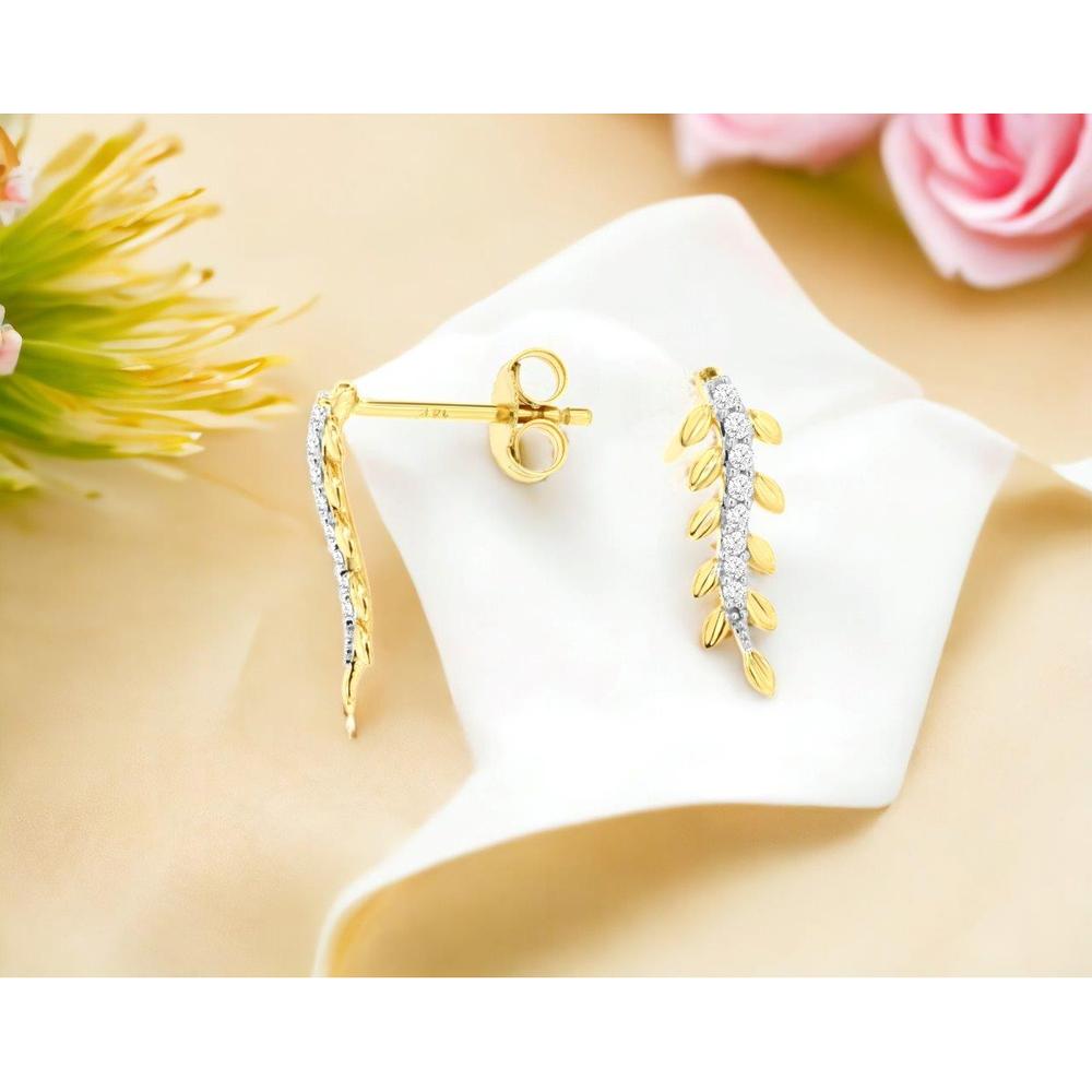 14K Yellow Gold Leaf-Inspired Stud Earrings with Round Diamonds - 0.10 Carat Total Diamond Weight - Royal Jewelry
