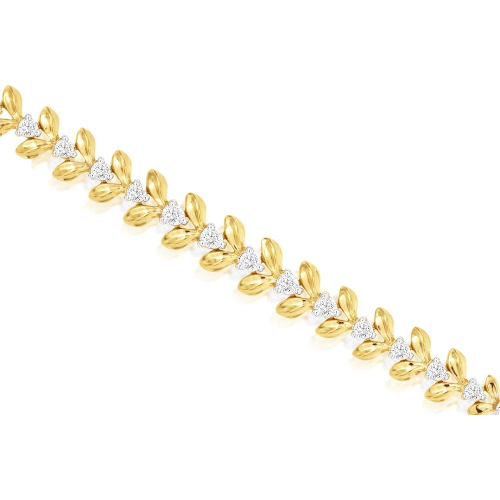 14K Yellow Gold Leaf Motif Diamond Bracelet with Prong Set Round Brilliant Diamonds - 0.50 Carat Total Diamond Weight - Royal Jewelry
