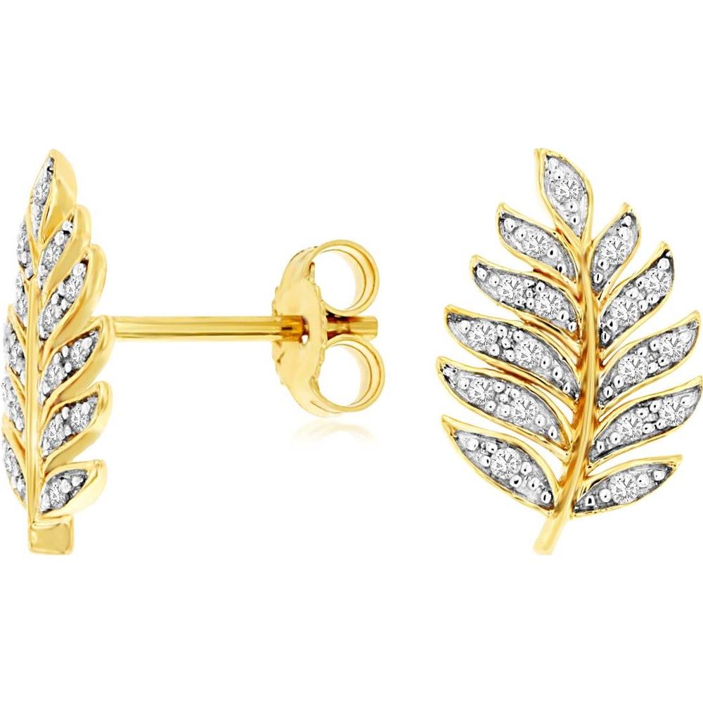 14K Yellow Gold Leaf Motif Diamond Earrings with Milgrain Detail and Butterfly Backs - 0.13 Carat Total Diamond Weight - Royal Jewelry