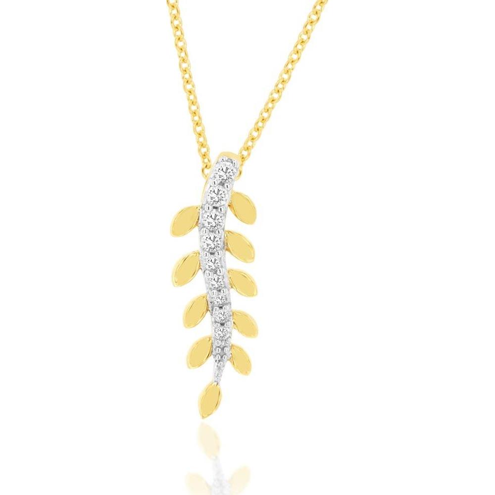 14K Yellow Gold Leaf Motif Diamond Pendant with 0.08 Carat Total Weight Round Diamonds - Royal Jewelry