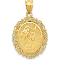 14K Yellow Gold Leo Zodiac Oval Pendant with Satin Polished Finish - 28mm Length by Oro Pregiato