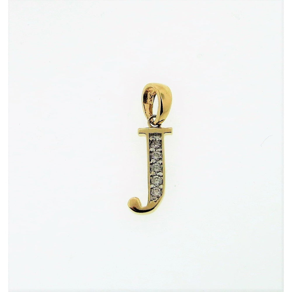 14K Yellow Gold Letter J Initial Pendant with Bead Set Round Diamonds - 0.10 Carat Total Diamond Weight by Auriventus
