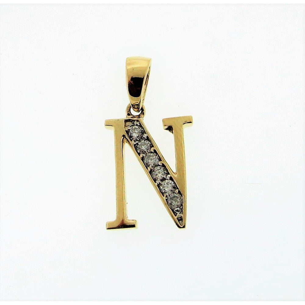 14K Yellow Gold Letter N Initial Pendant with Channel Set Round Diamonds - 0.13 Carat Total Diamond Weight by Auriventus